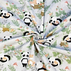 100% Baumwolle mit Pandas und Füchsen auf grauem Hintergrund  
