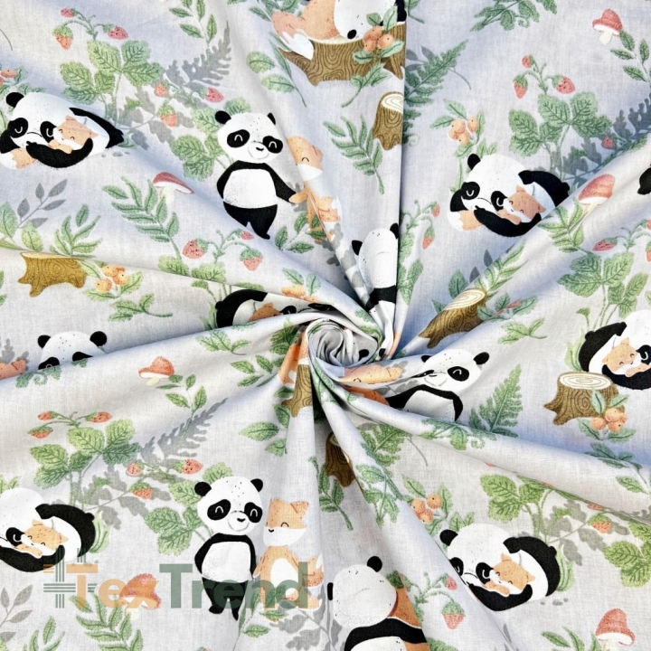 100% Baumwolle mit Pandas und Füchsen auf grauem Hintergrund  