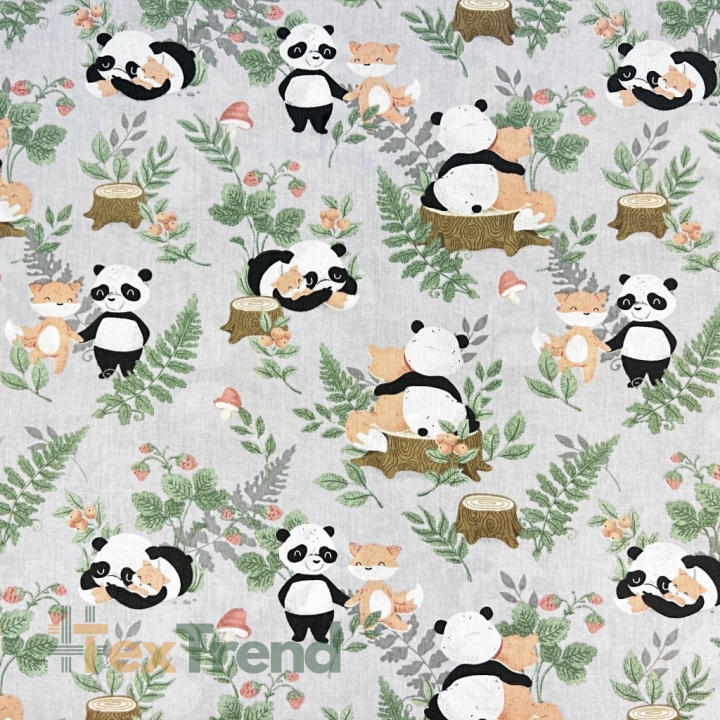 100% Baumwolle mit Pandas und Füchsen auf grauem Hintergrund  