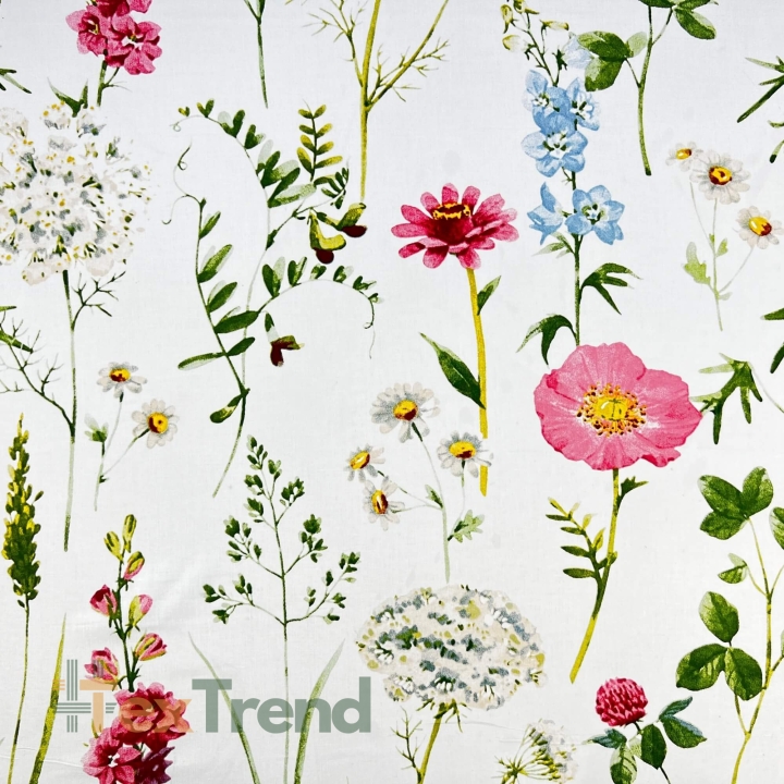 100% Baumwolle mit großen Wiesenblumen auf weißem Hintergrund  