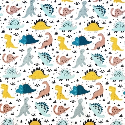 100% Baumwolle mit bunten Dinosauriern auf weißem Hintergrund  