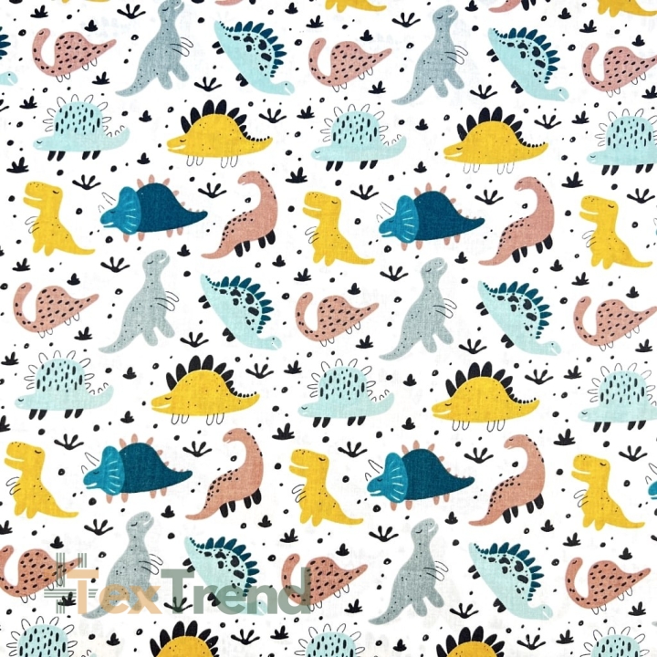 100% Baumwolle mit bunten Dinosauriern auf weißem Hintergrund  