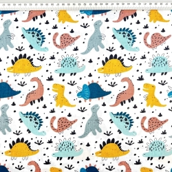 100% Baumwolle mit bunten Dinosauriern auf weißem Hintergrund  