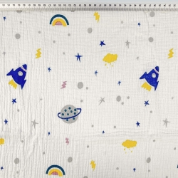 Musselin Double Gauze bedruckt mit Raketen und Planeten  