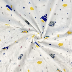 Musselin Double Gauze bedruckt mit Raketen und Planeten  