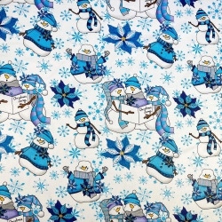 Baumwolle 100% Weihnachtsmuster Schneemänner blau-grau auf weißem Hintergrund  