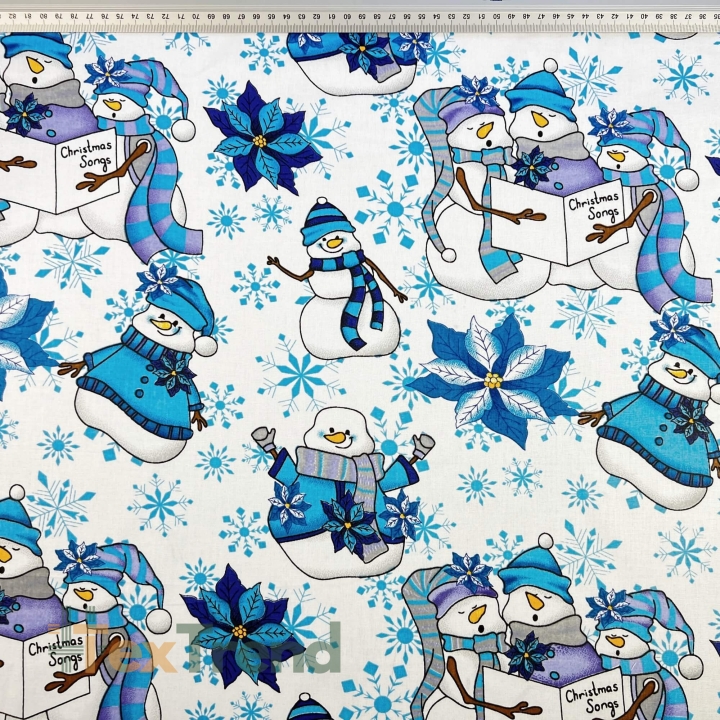 Baumwolle 100% Weihnachtsmuster Schneemänner blau-grau auf weißem Hintergrund  