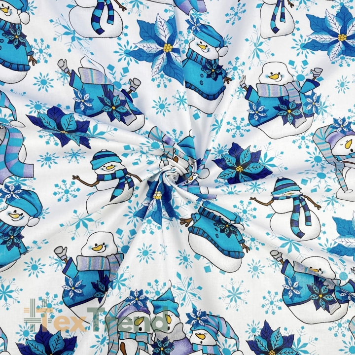 Baumwolle 100% Weihnachtsmuster Schneemänner blau-grau auf weißem Hintergrund  