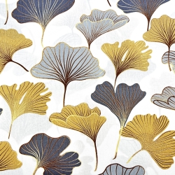 100% Baumwolle mit Ginkgo in grau-gold auf weißem Hintergrund