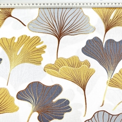 100% Baumwolle mit Ginkgo in grau-gold auf weißem Hintergrund