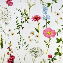 100% Baumwolle mit großen Wiesenblumen auf weißem Hintergrund - 220cm  