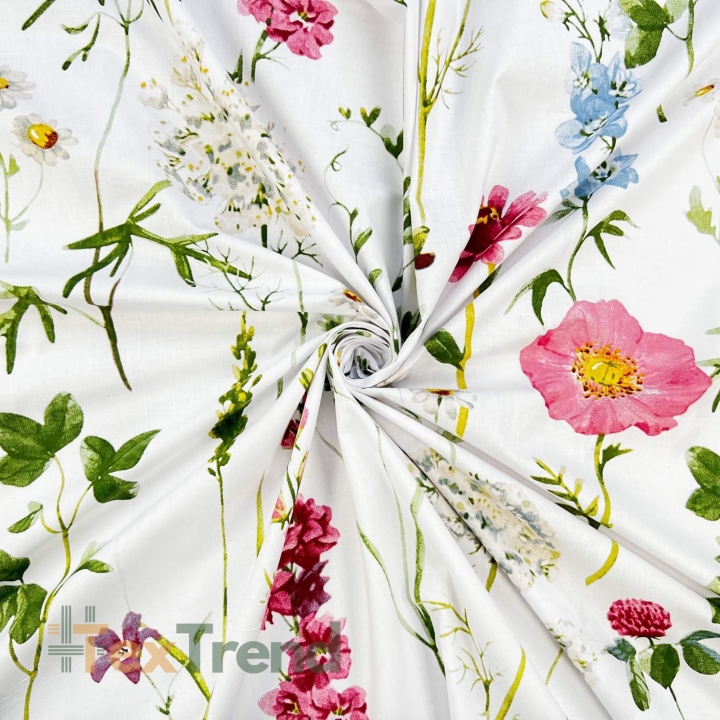 100% Baumwolle mit großen Wiesenblumen auf weißem Hintergrund - 220cm  