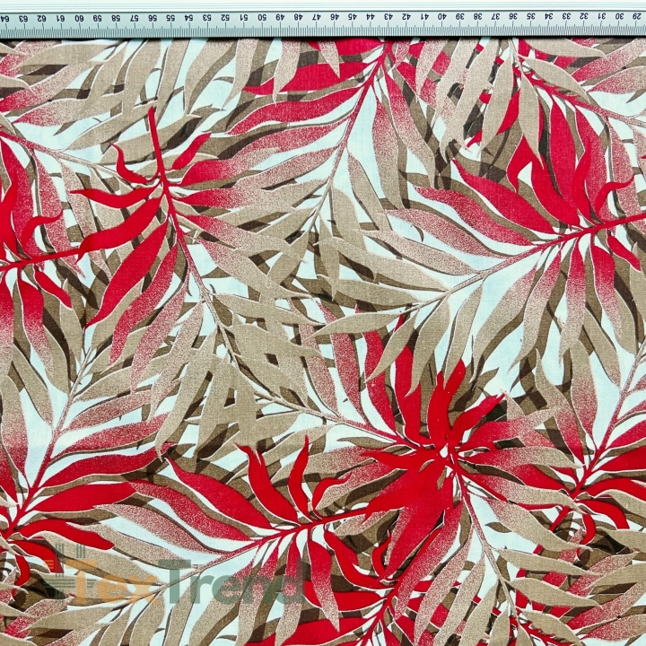 Baumwolle 100% rot-beige Palmblätter auf weißem Hintergrund  