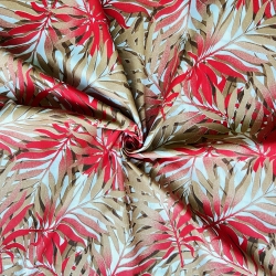 Baumwolle 100% rot-beige Palmblätter auf weißem Hintergrund  