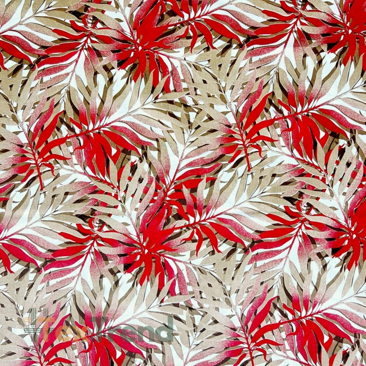 Baumwolle 100% rot-beige Palmblätter auf weißem Hintergrund  