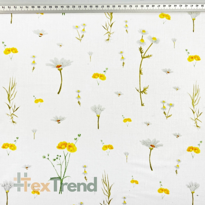 100% Baumwolle mit gelben Wiesenblumen auf weißem Hintergrund  