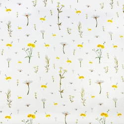 100% Baumwolle mit gelben Wiesenblumen auf weißem Hintergrund  