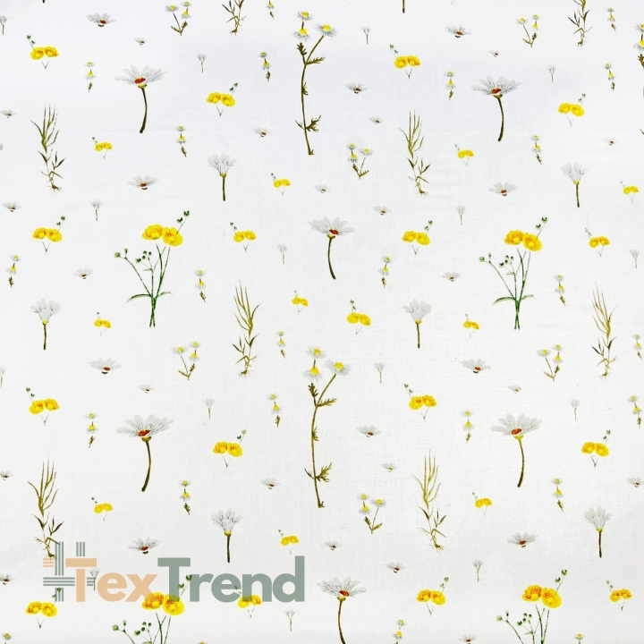 100% Baumwolle mit gelben Wiesenblumen auf weißem Hintergrund  