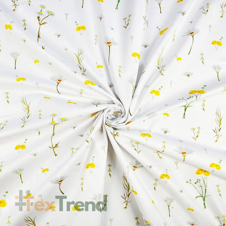 100% Baumwolle mit gelben Wiesenblumen auf weißem Hintergrund  