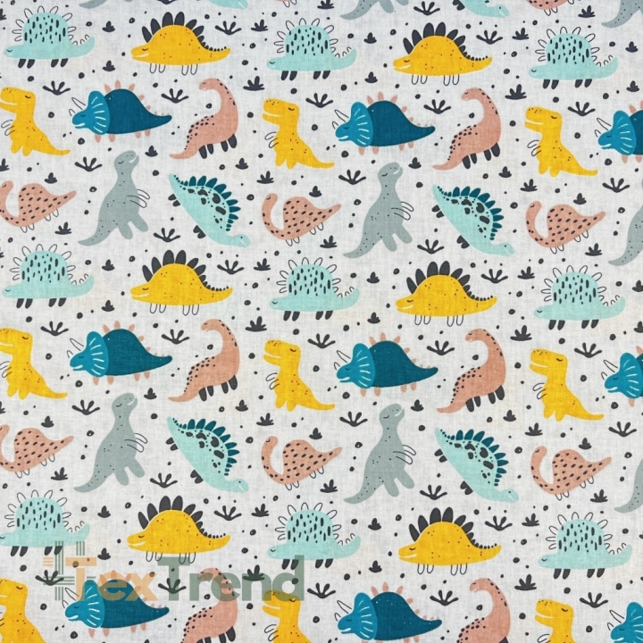 100% Baumwolle mit bunten Dinosauriern auf grauem Hintergrund  