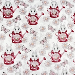 100% Baumwolle mit Kaninchen und Blumen in bordeauxfarbenen Gießkanne auf weißem Hintergrund  