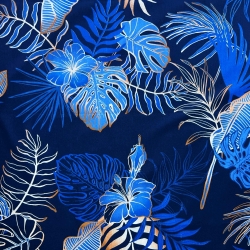 Baumwolle 100% Monstera- und Bananenblätter mit Blumen auf blauem Hintergrund  