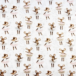 100% Baumwolle mit braunen Ballettmäusen auf weißem Hintergrund  