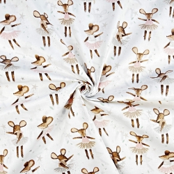 100% Baumwolle mit braunen Ballettmäusen auf weißem Hintergrund  