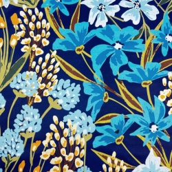 100% Baumwolle mit blauen und gelben Lotusblumen auf marineblauem Hintergrund  