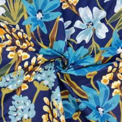 100% Baumwolle mit blauen und gelben Lotusblumen auf marineblauem Hintergrund  