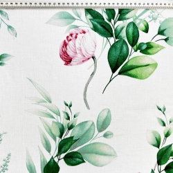 Baumwolle 100% rosa Blumen mit grünen Zweigen auf weißem Hintergrund  