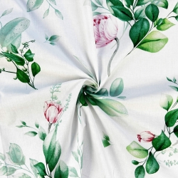 Baumwolle 100% rosa Blumen mit grünen Zweigen auf weißem Hintergrund  