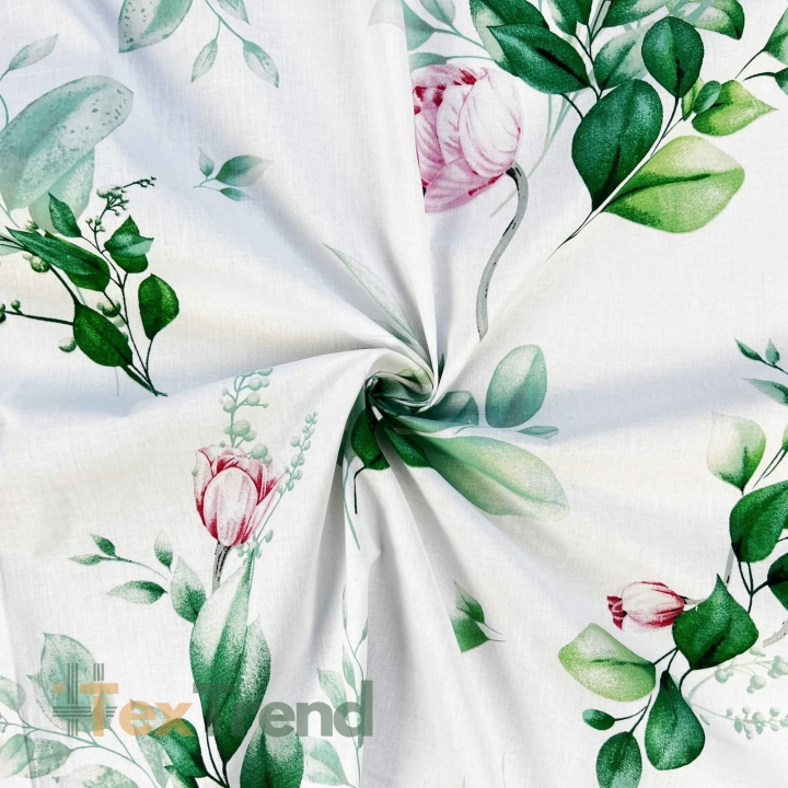 Baumwolle 100% rosa Blumen mit grünen Zweigen auf weißem Hintergrund  