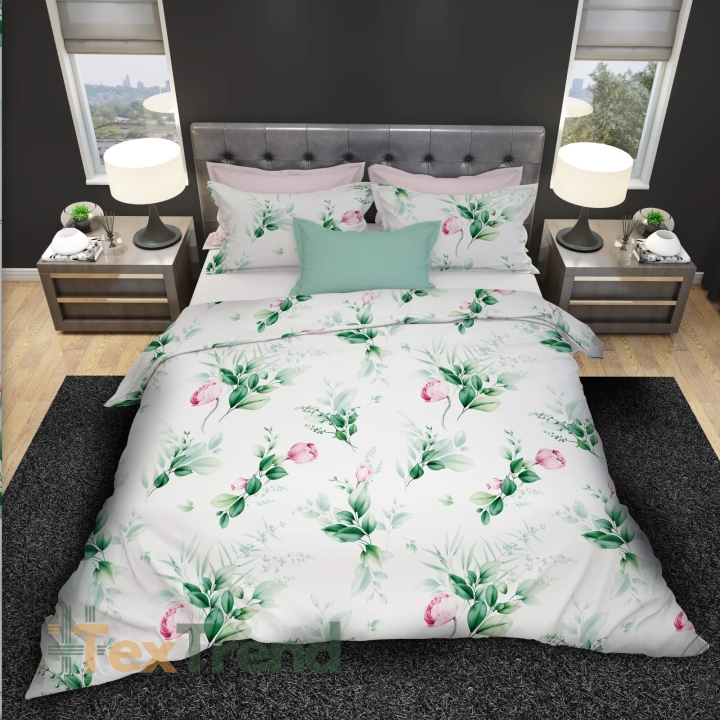Baumwolle 100% rosa Blumen mit grünen Zweigen auf weißem Hintergrund  