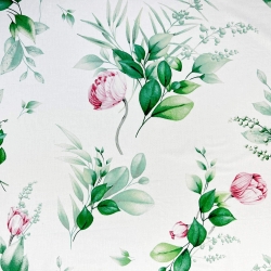 Baumwolle 100% rosa Blumen mit grünen Zweigen auf weißem Hintergrund  