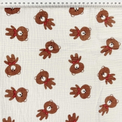 Musselin Double Gauze bedruckt mit braunen Bären mit rotem Schleifchen  
