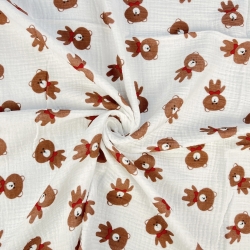 Musselin Double Gauze bedruckt mit braunen Bären mit rotem Schleifchen  