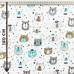 Baumwolle 100% Bärenköpfe türkis-grau-beige  