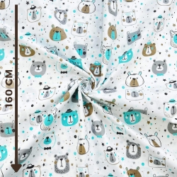 Baumwolle 100% Bärenköpfe türkis-grau-beige  