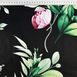 Baumwolle 100% rosa Blumen mit grünen Zweigen auf schwarzem Hintergrund  