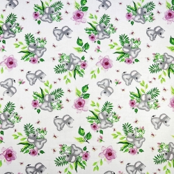 Baumwolle 100% graue Elefanten mit Rosen auf weißem Hintergrund  