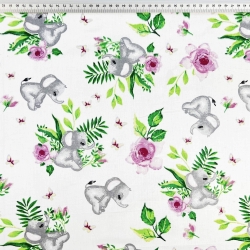 Baumwolle 100% graue Elefanten mit Rosen auf weißem Hintergrund  