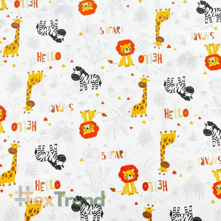 Baumwolle 100% orange Tiere Hello Safari auf weißem Hintergrund  