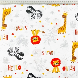 Baumwolle 100% orange Tiere Hello Safari auf weißem Hintergrund  