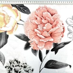 100% Baumwolle mit großen Blumen, Hortensien und Pfingstrosen auf weißem Hintergrund  