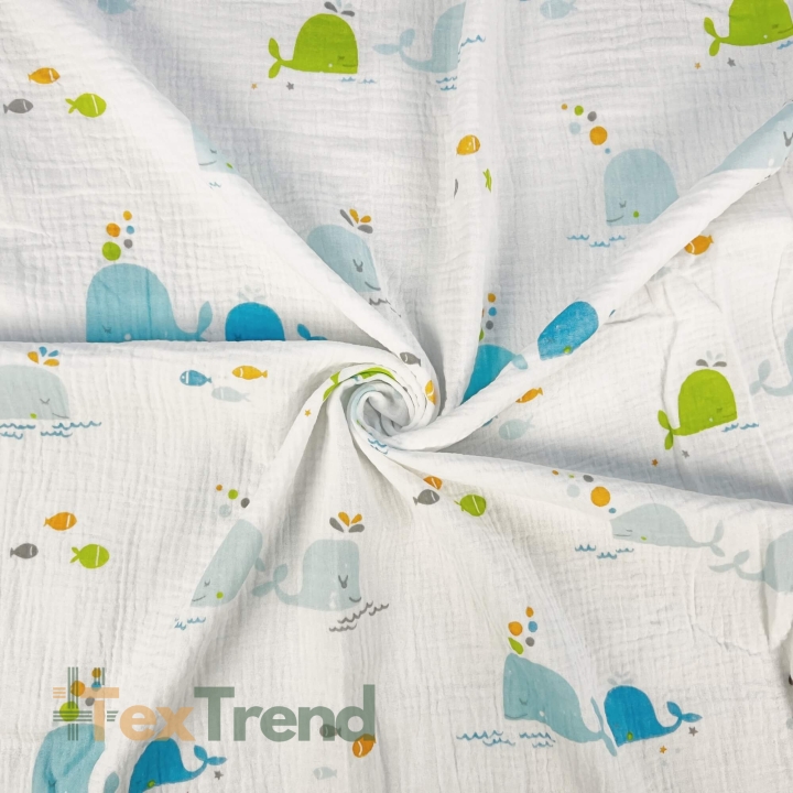 Musselin Double Gauze bedruckt mit bunten Walen  