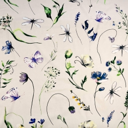 Baumwolle 100% Blumen, Libellen und Schmetterlinge auf hellbeigem Hintergrund  