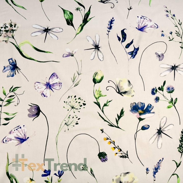 Baumwolle 100% Blumen, Libellen und Schmetterlinge auf hellbeigem Hintergrund  