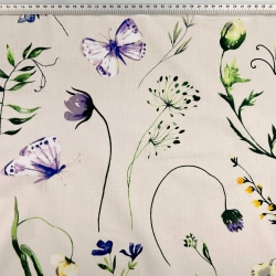 Baumwolle 100% Blumen, Libellen und Schmetterlinge auf hellbeigem Hintergrund  