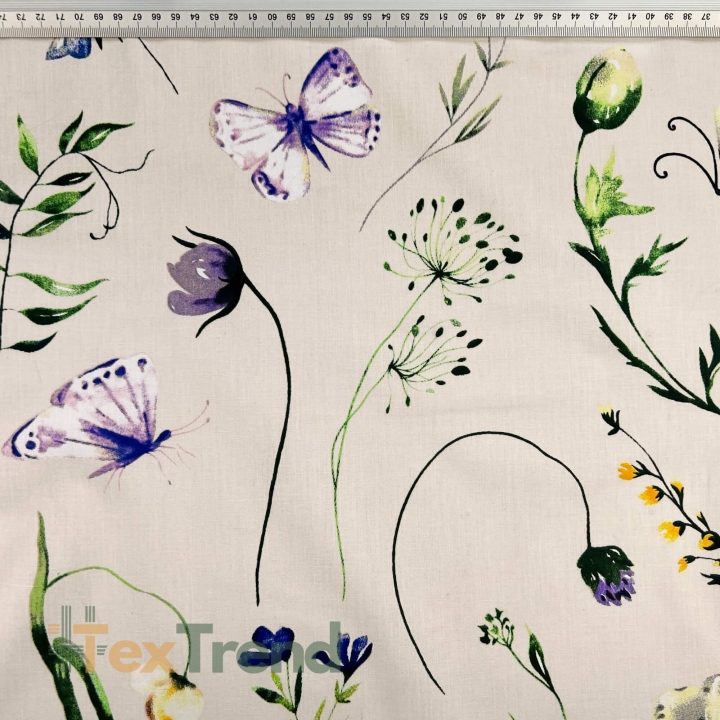 Baumwolle 100% Blumen, Libellen und Schmetterlinge auf hellbeigem Hintergrund  